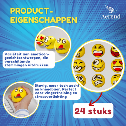 Aerend - 24 stuks Grappige emoji stressballen - Vermindert stress en angst - Klein fidget oefenspeelgoed - Ideaal speelgoed voor kinderen en volwassenen
